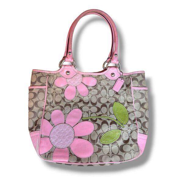 Coach Handbags - Coach Bleecker Daisy Pink Signature Canvas Leather Shoulder Bag Tote Rare Y2k